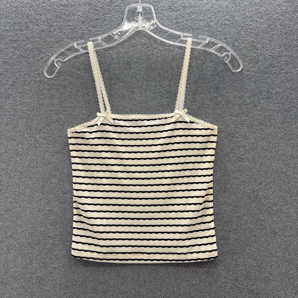American Eagle Tank Top Womens Small White Black Striped Rib Knit Lace Bow Cami